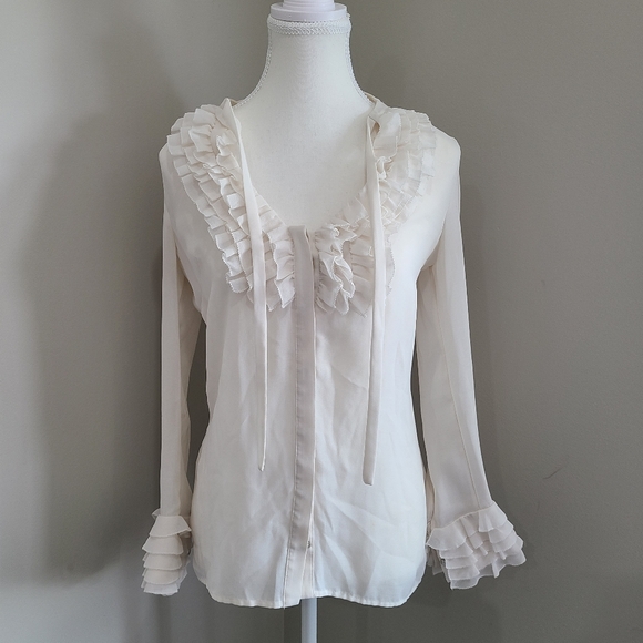 BEBE WHITE RUFFLE BUTTON UP TOP - Picture 7 of 9